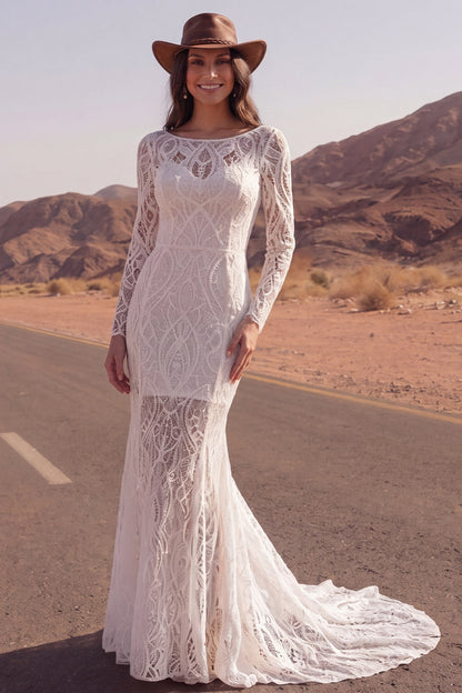 Long Sleeves Ivory Mermaid Boat Neck Sweep Train Lace Boho Wedding Dress