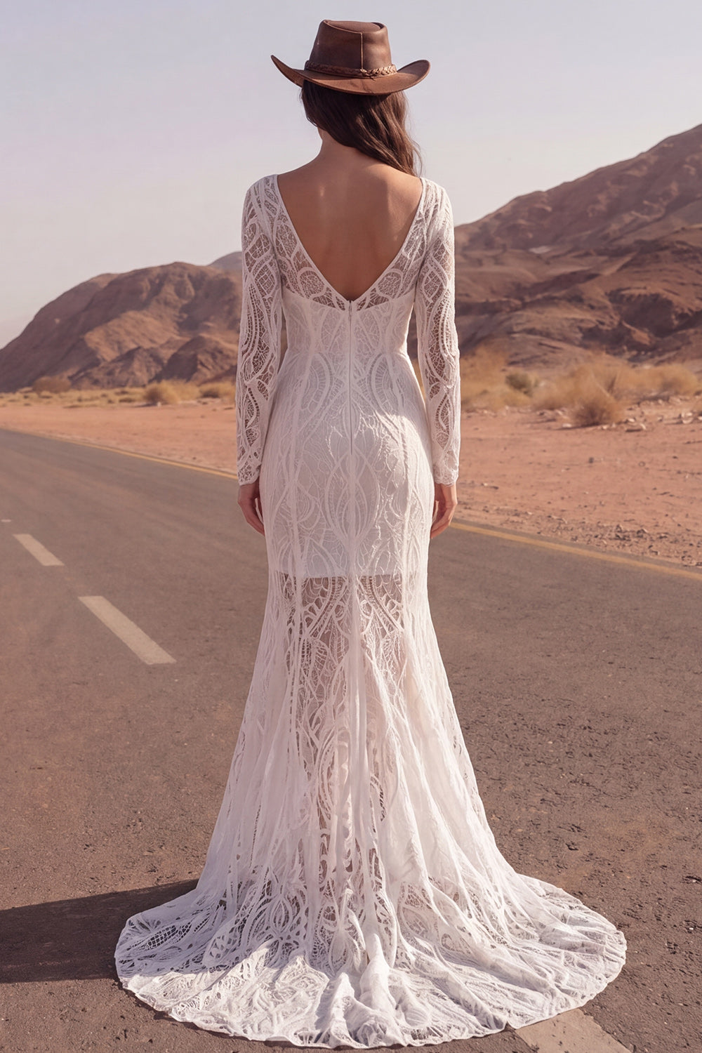Long Sleeves Ivory Mermaid Boat Neck Sweep Train Lace Boho Wedding Dress