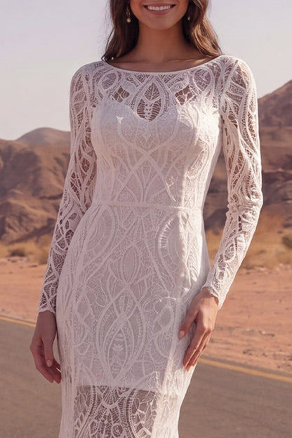 Long Sleeves Ivory Mermaid Boat Neck Sweep Train Lace Boho Wedding Dress