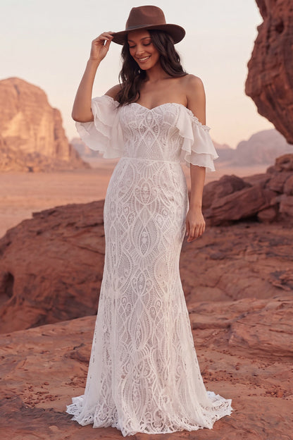 Ivory Mermaid Sweep Train Lace Off the Shoulder Boho Wedding Dress with Ruffles