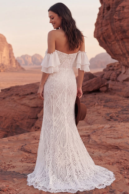 Ivory Mermaid Sweep Train Lace Off the Shoulder Boho Wedding Dress with Ruffles