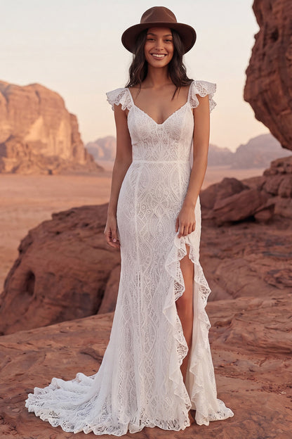 Sweep Train Lace V-Neck Ivory Mermaid Boho Wedding Dress with Ruffles
