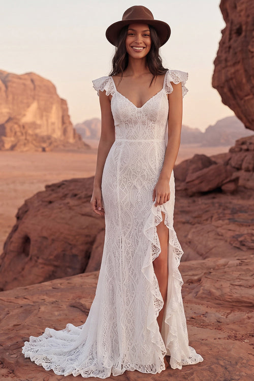 Sweep Train Lace V-Neck Ivory Mermaid Boho Wedding Dress with Ruffles