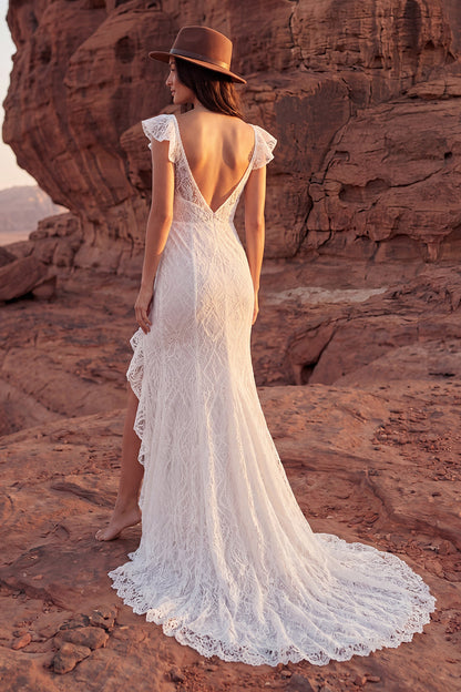 Sweep Train Lace V-Neck Ivory Mermaid Boho Wedding Dress with Ruffles