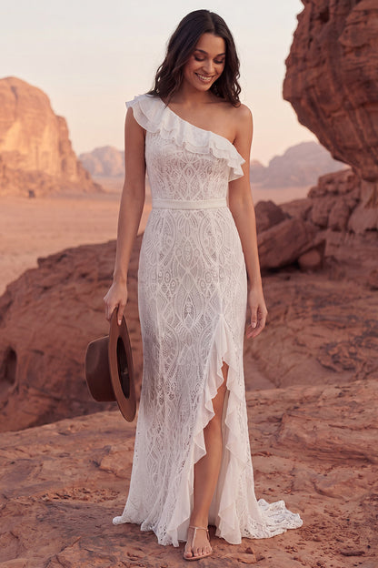 One Shoulder Mermaid Sweep Train Ivory Ruffled Lace Boho Wedding Dress with Slit
