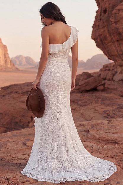 One Shoulder Mermaid Sweep Train Ivory Ruffled Lace Boho Wedding Dress with Slit