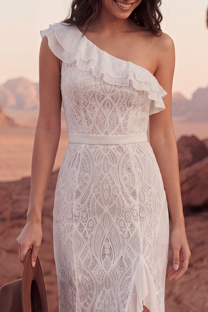 One Shoulder Mermaid Sweep Train Ivory Ruffled Lace Boho Wedding Dress with Slit