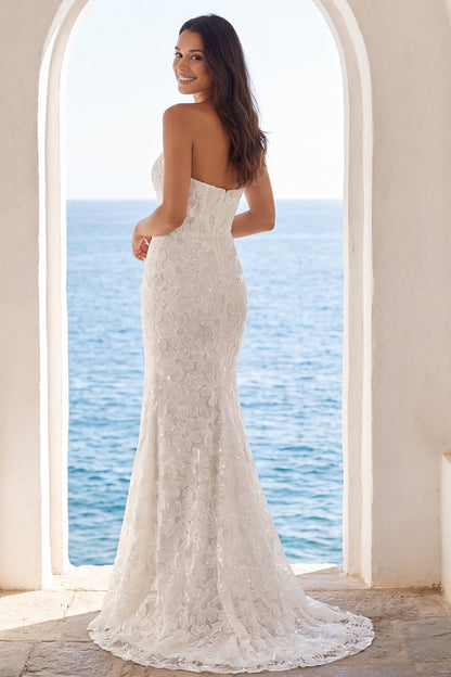 Sparkly Ivory Beaded Floral Mermaid Sweep Train Strapless Wedding Dress