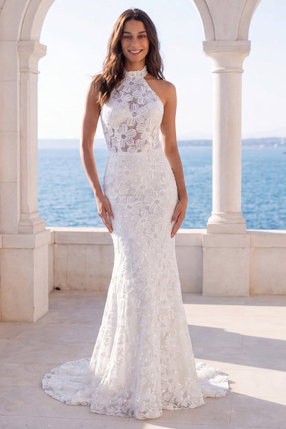 Beaded Floral Halter Sparkly Ivory Mermaid Sweep Train Wedding Dress