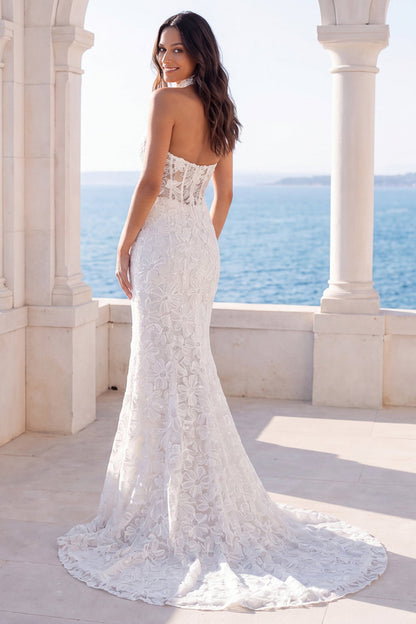 Beaded Floral Halter Sparkly Ivory Mermaid Sweep Train Wedding Dress