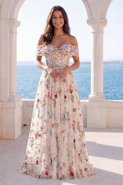 Ivory Off the Shoulder Corset Floral A Line Sweep Train Boho Wedding Dress