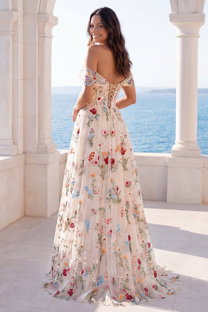 Ivory Off the Shoulder Corset Floral A Line Sweep Train Boho Wedding Dress