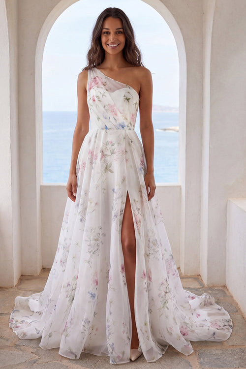 One Shoulder Ruched Ivory Floral A Line Sweep Train Beach Wedding Dress with Slit