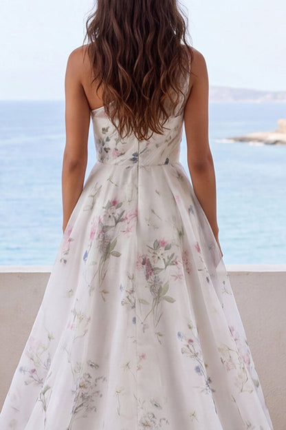 One Shoulder Ruched Ivory Floral A Line Sweep Train Beach Wedding Dress with Slit