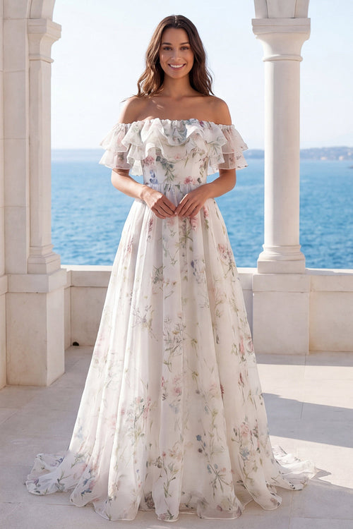 A Line Off the Shoulder Ivory Floral Sweep Train Beach Wedding Dress with Ruffles