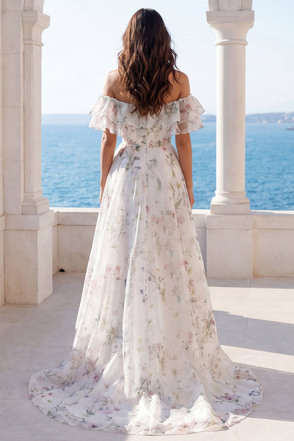 A Line Off the Shoulder Ivory Floral Sweep Train Beach Wedding Dress with Ruffles