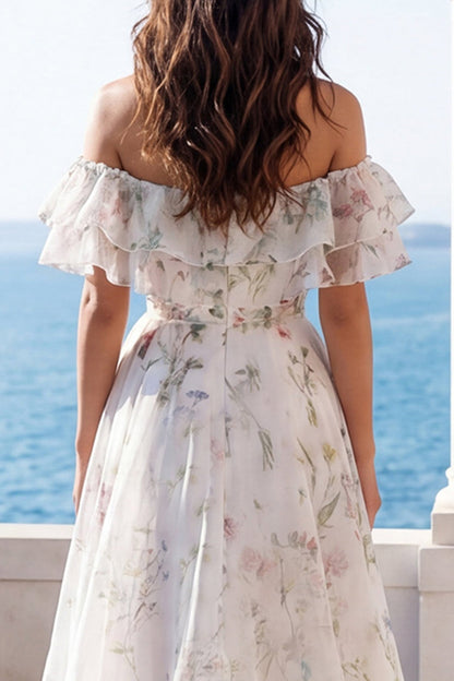 A Line Off the Shoulder Ivory Floral Sweep Train Beach Wedding Dress with Ruffles