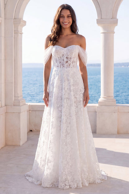 Ivory Off the Shoulder Floral Lace A Line Sweep Train Corset Boho Wedding Dress