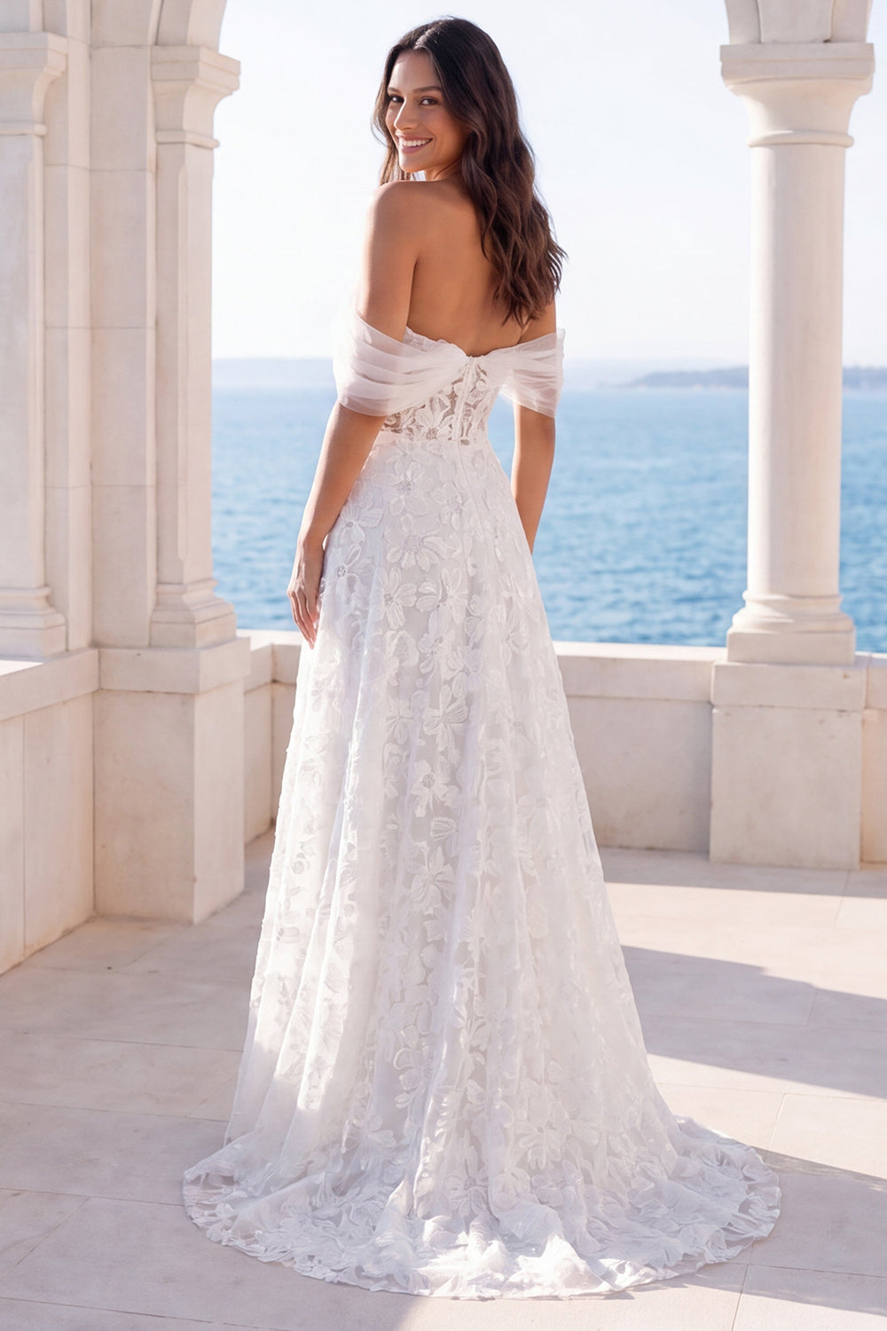 Ivory Off the Shoulder Floral Lace A Line Sweep Train Corset Boho Wedding Dress