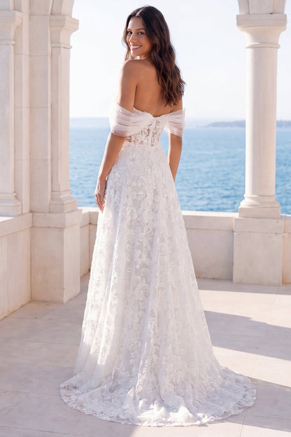 Ivory Off the Shoulder Floral Lace A Line Sweep Train Corset Boho Wedding Dress