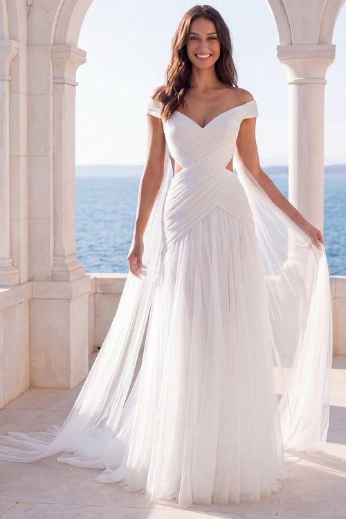 Cut Out Off the Shoulder Ivory A Line Sweep Train Beach Wedding Dress with Cape