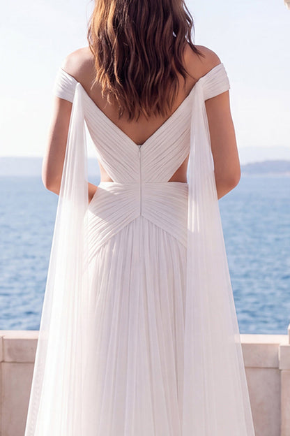 Cut Out Off the Shoulder Ivory A Line Sweep Train Beach Wedding Dress with Cape