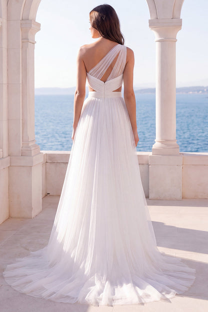 Ruched Cut Out One Shoulder Ivory A Line Sweep Train Beach Wedding Dress with Slit
