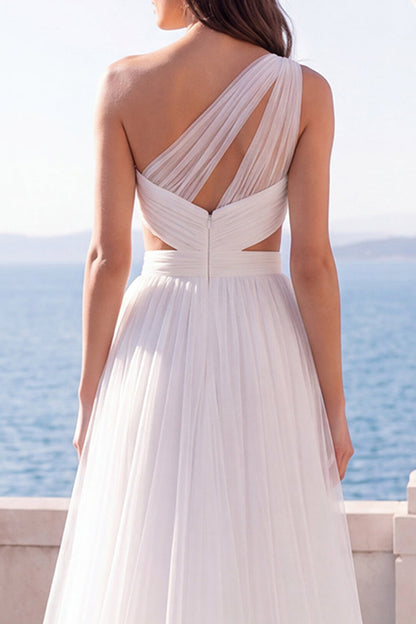 Ruched Cut Out One Shoulder Ivory A Line Sweep Train Beach Wedding Dress with Slit
