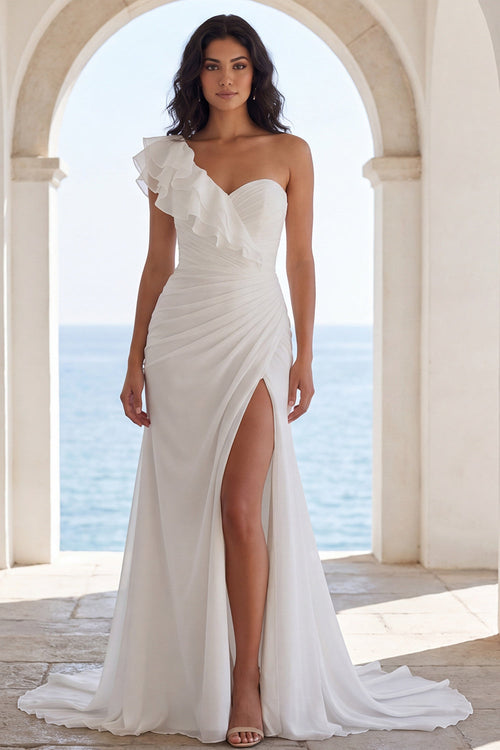 Ruched Ivory Mermaid Sweep Train Ruffled Beach Wedding Dress with Slit