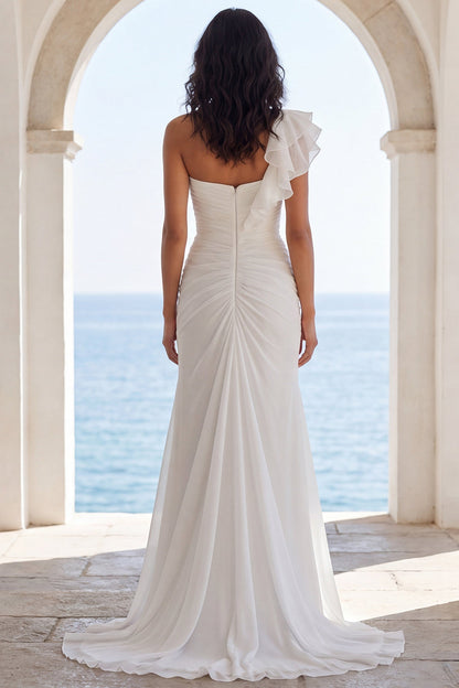 Ruched Ivory Mermaid Sweep Train Ruffled Beach Wedding Dress with Slit