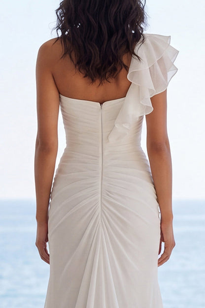 Ruched Ivory Mermaid Sweep Train Ruffled Beach Wedding Dress with Slit