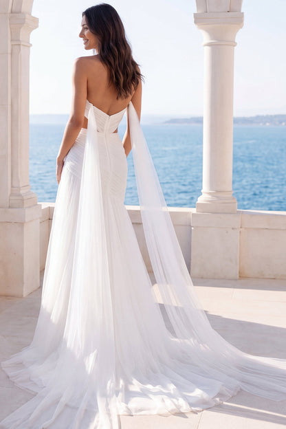 Sweetheart Cut Out Ivory A Line Sweep Train Beach Wedding Dress with Cape