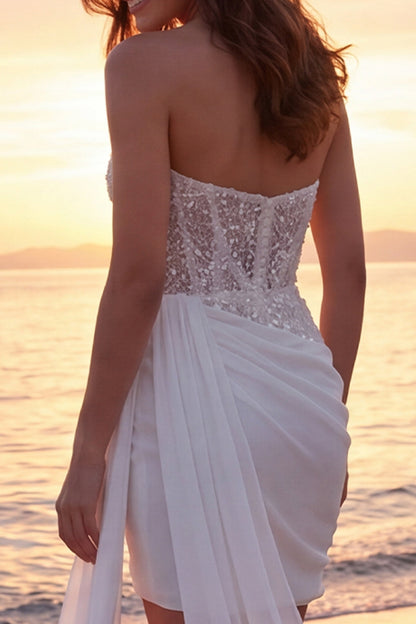 Tight Short Sparkly Ivory Strapless Corset Beaded Wedding Dress with Side Cape