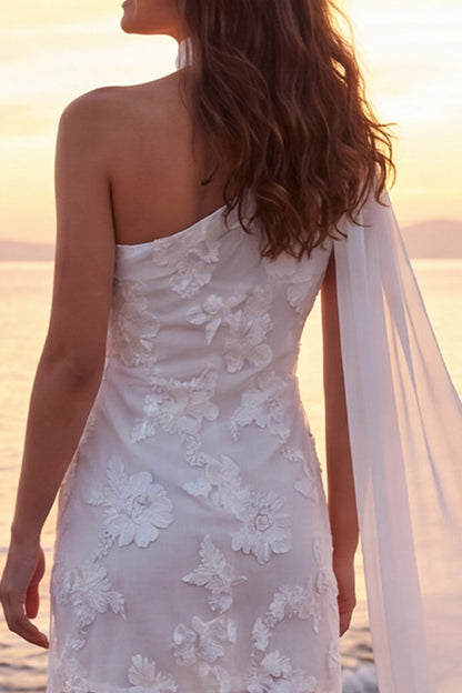 Short Ivory One Shoulder Floral Wedding Dress with Sash