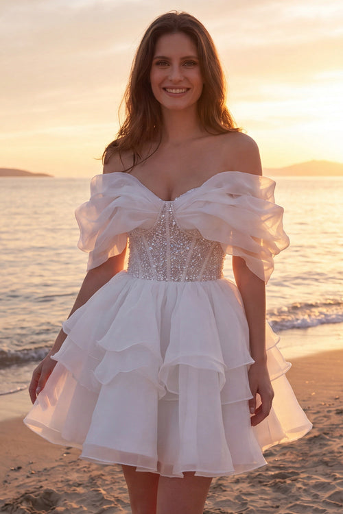 A Line Short Sparkly Ivory Corset Beaded Wedding Dress with Ruffles