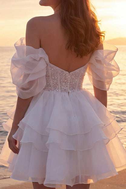 A Line Short Sparkly Ivory Corset Beaded Wedding Dress with Ruffles