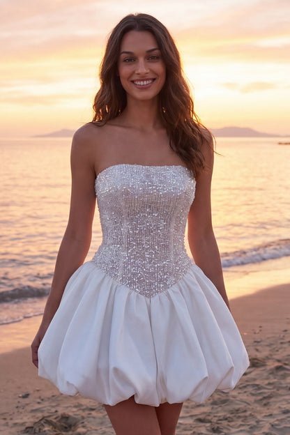 Sparkly Ivory Corset Strapless A Line Short Graduation Dress with Sequins