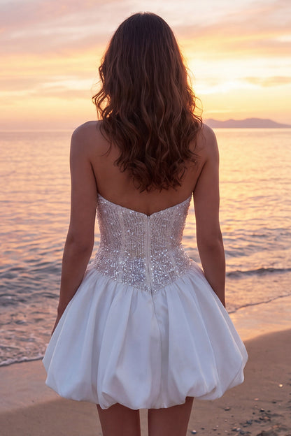 Sparkly Ivory Corset Strapless A Line Short Graduation Dress with Sequins