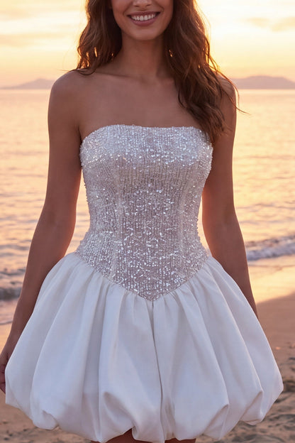 Sparkly Ivory Corset Strapless A Line Short Graduation Dress with Sequins