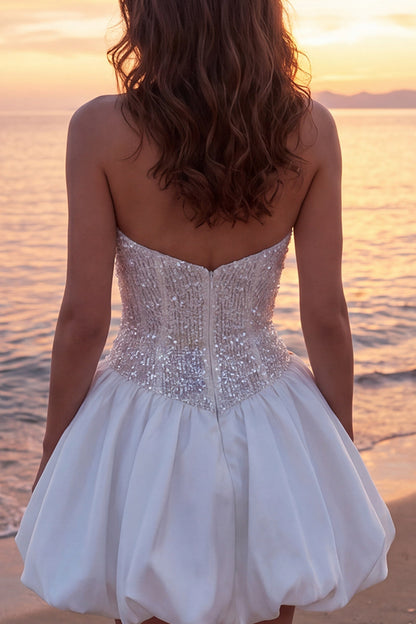 Sparkly Ivory Corset Strapless A Line Short Graduation Dress with Sequins