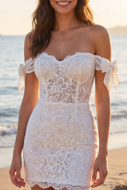 Short Ivory Off the Shoulder Floral Corset Boho Wedding Dress with Bows