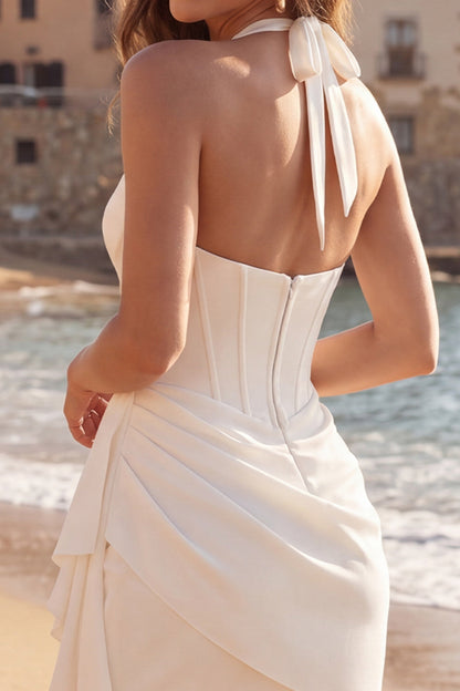 Halter Ruched Short Ivory Corset Graduation Dress with Ruffles