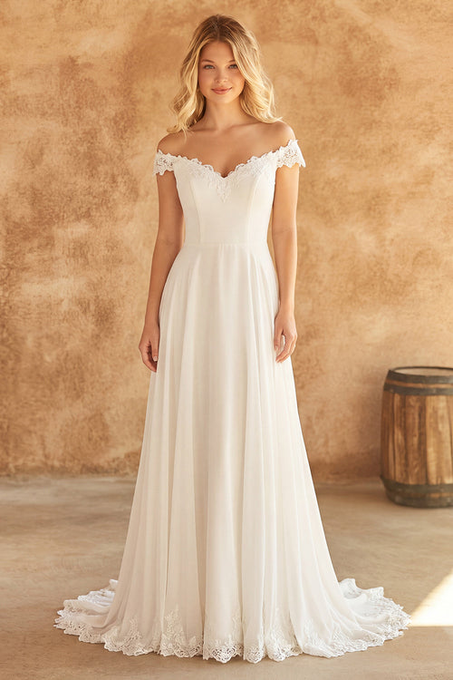 Off the Shoulder Ivory A Line Sweep Train Beach Wedding Dress with Lace