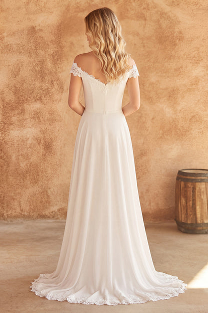 Off the Shoulder Ivory A Line Sweep Train Beach Wedding Dress with Lace