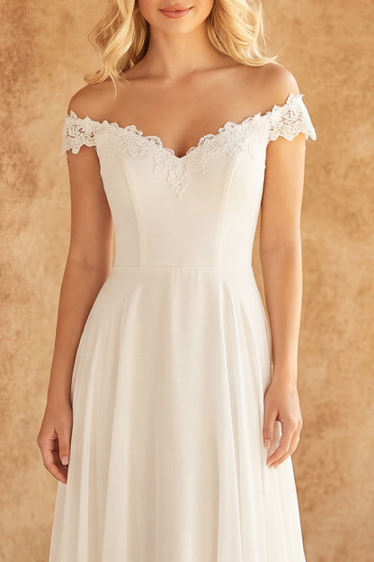 Off the Shoulder Ivory A Line Sweep Train Beach Wedding Dress with Lace