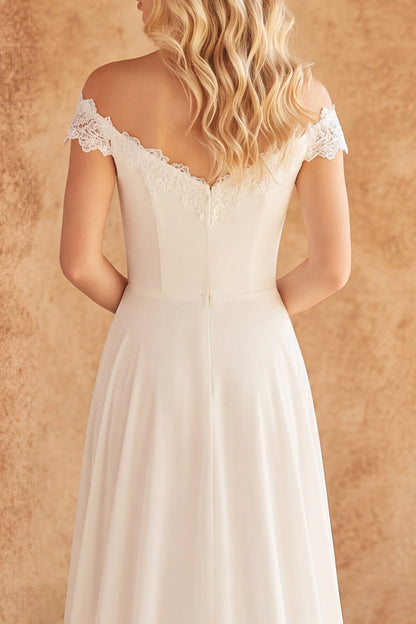 Off the Shoulder Ivory A Line Sweep Train Beach Wedding Dress with Lace