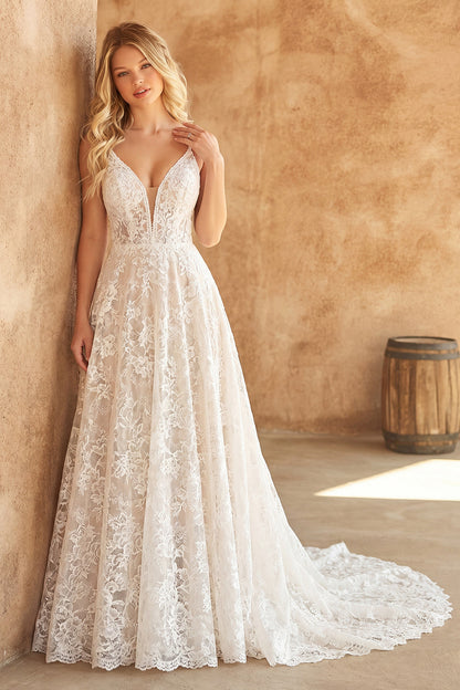 Ivory V-Neck Floral Lace A Line Sweep Train Boho Wedding Dress