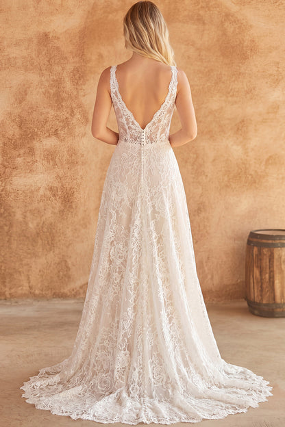 Corset Ivory V-Neck Floral Lace A Line Sweep Train Boho Wedding Dress