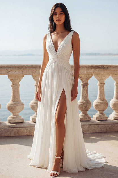 V-Neck Ruched Ivory A Line Sweep Train Beach Wedding Dress with Slit