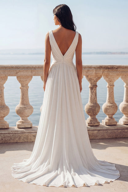 V-Neck Ruched Ivory A Line Sweep Train Beach Wedding Dress with Slit